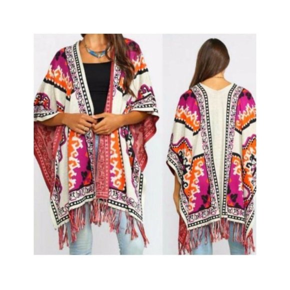 Flying Tomato Jackets & Blazers - Flying Tomato Women's Small/Medium Long Cardigan Poncho Aztec Fringe Design